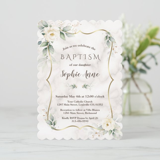 Gold Frame Greenery White Floral Marble Baptism  Invitation (Standing Front)