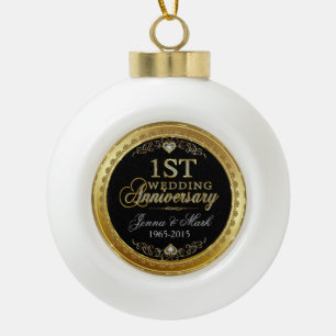 Gold Frame & Hearts First Wedding Anniversary Ceramic Ball Christmas Ornament