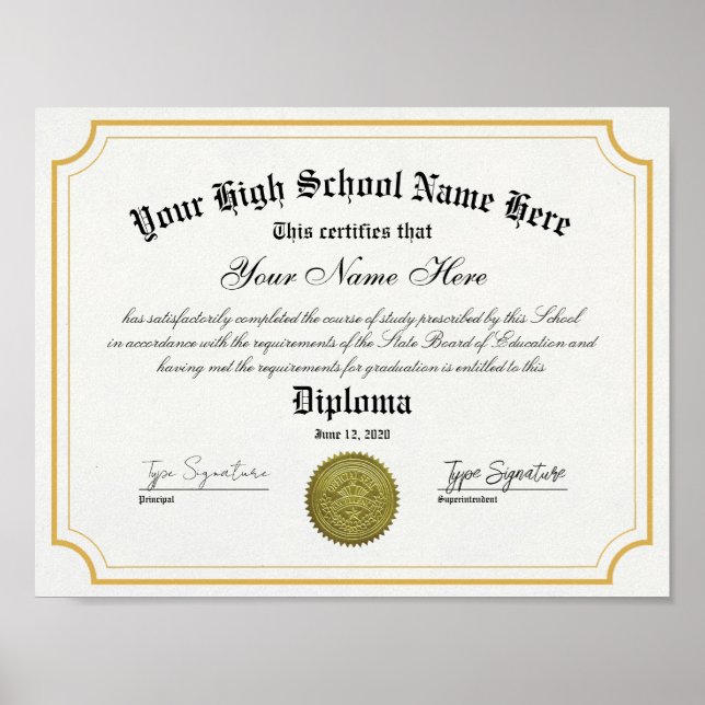 Gold frame High School graduate Diploma Poster (Front)