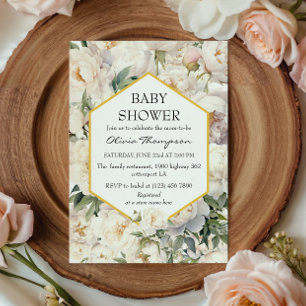 Gold Frame Ivory Peony Garden Baby Shower Invitation