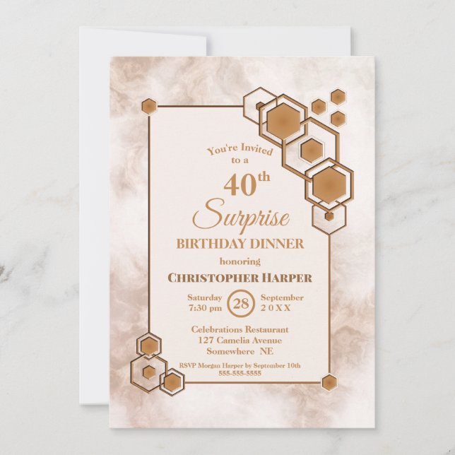 Gold Frame Marble Surprise 40th Birthday Dinner Invitation (Front)