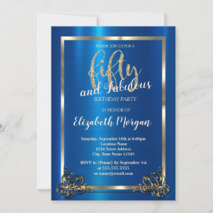 Gold Frame Metallic Blue 50th Birthday Party Invitation