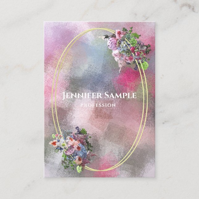 Gold Frame Modern Chic Watercolor Abstract Flowers Business Card (Front)