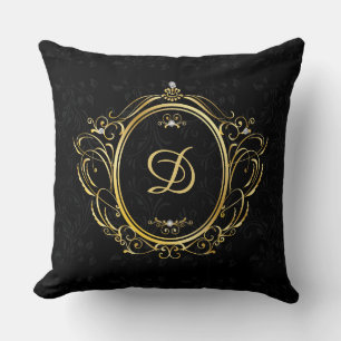 Gold Frame Monogram with black damask background Cushion