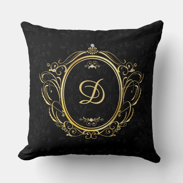 Gold Frame Monogram with black damask background Cushion (Front)