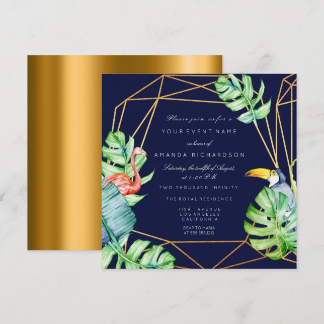 Gold Frame Monstera  Flamingo Tropical Bridal Navy Invitation (Front/Back)