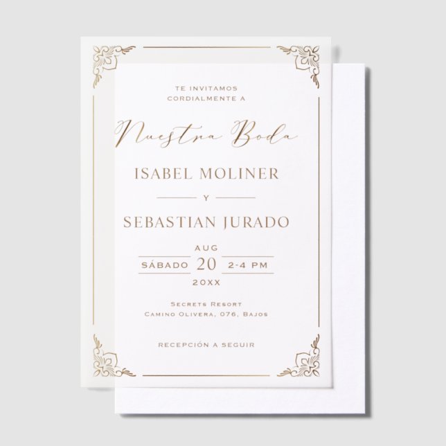 Gold Frame Motif Nuestra Boda Spanish Wedding Vellum Invitations (Offset)