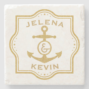 Gold Frame & Nautical Anchor Wedding Gift Stone Coaster