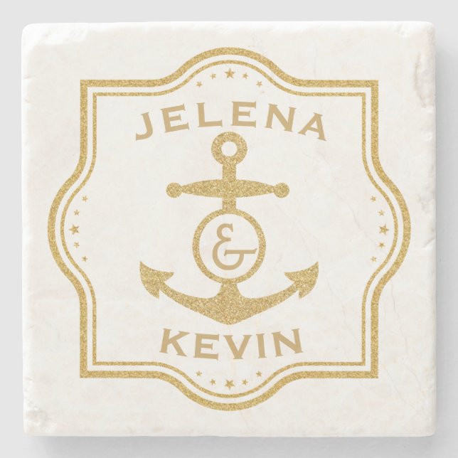 Gold Frame & Nautical Anchor Wedding Gift Stone Coaster (Front)