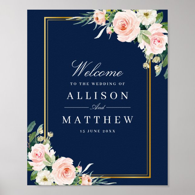 gold frame navy and blush wedding welcome sign (Front)