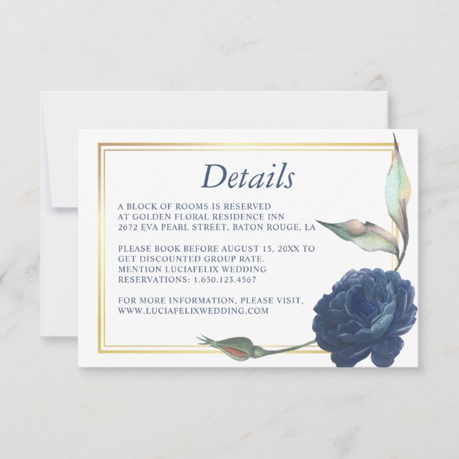 Gold Frame Navy Blue Rose Wedding Detail card (Front)