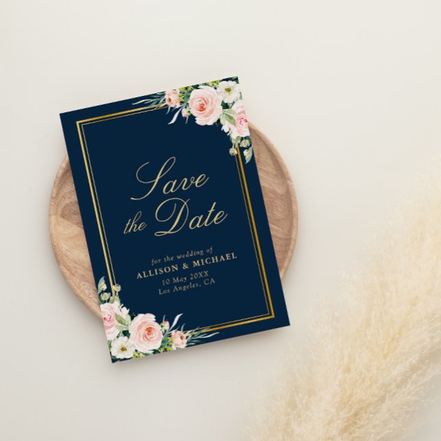 gold frame navy blush floral save the date card (Creator Uploaded)
