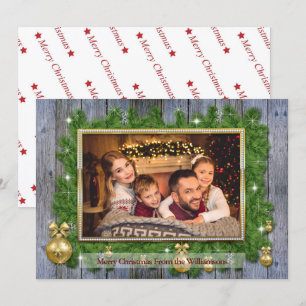 Gold Frame on Pine Weathered Wood Christmas Photo Holiday Card