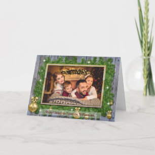 Gold Frame on Pine Weathered Wood Christmas Photo Holiday Card