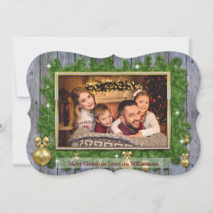 Gold Frame on Pine Weathered Wood Fancy Cut Photo Holiday Card