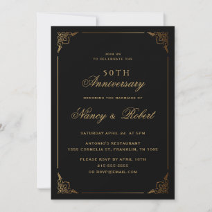Gold Frame Ornate Black 50th Wedding Anniversary Invitation