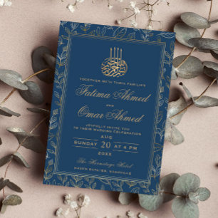 Gold Frame Ornate Blue Islamic Muslim Wedding Invitation