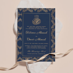 Gold Frame Ornate Blue Navy Islamic Muslim Wedding Invitation
