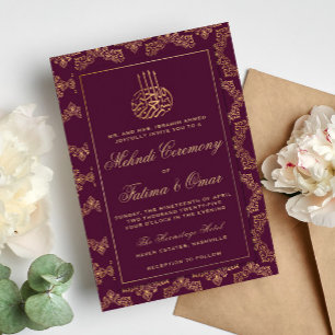 Gold Frame Ornate Burgundy Islamic Mehndi Ceremony Invitation