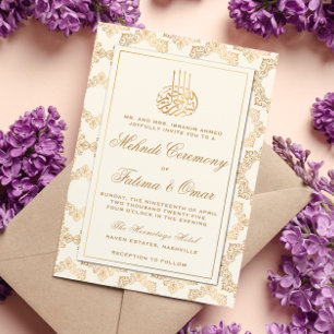 Gold Frame Ornate Cream Islamic Mehndi Ceremony Invitation