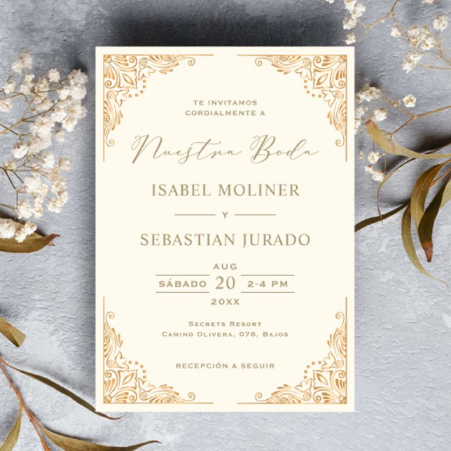 Gold Frame Ornate Nuestra Boda Spanish Wedding Invitation (Creator Uploaded)