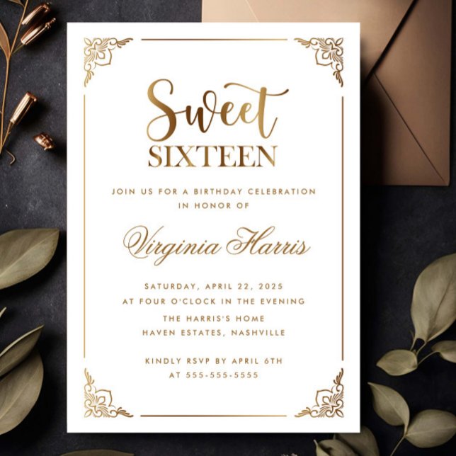 Gold Frame Ornate White Sweet Sixteen 16 Birthday Invitation (Creator Uploaded)