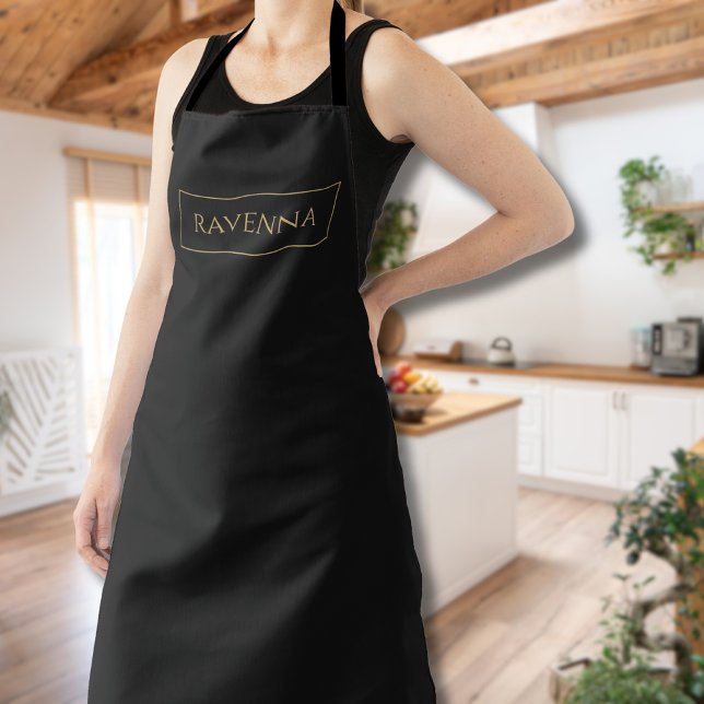 Gold Frame Personalised Name Deep Black Luxury Apron (Creator Uploaded)