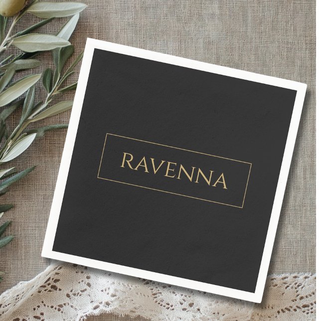 Gold Frame Personalised Name Deep Black Luxury Napkin (Creator Uploaded)