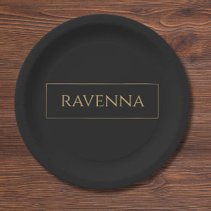 Gold Frame Personalised Name Deep Black Luxury Paper Plate