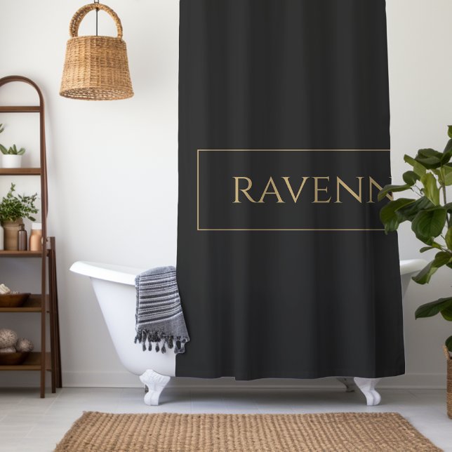 Gold Frame Personalised Name Deep Black Luxury Shower Curtain (Creator Uploaded)