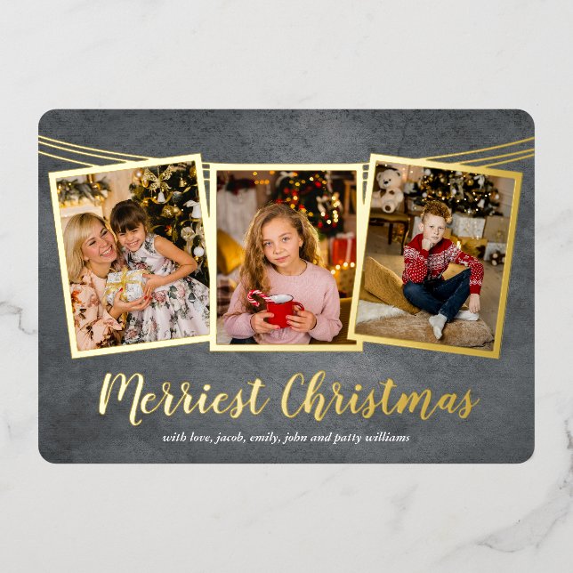 Gold Frame Photo Collage Merriest Christmas  Foil Holiday Card (Front)