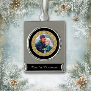 Gold Frame Photo First Christmas Keepsake Silver Plated Banner Ornament
