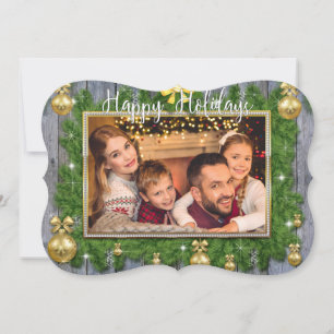 Gold Frame Pine Boughs Fancy Trim Christmas Photo Holiday Card