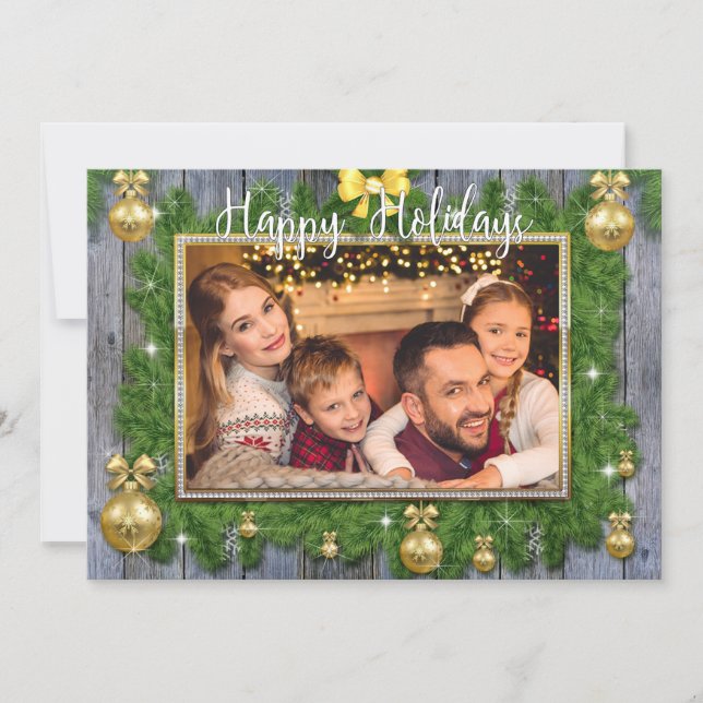 Gold Frame Pine Boughs Wood Christmas Photo Holiday Card (Front)