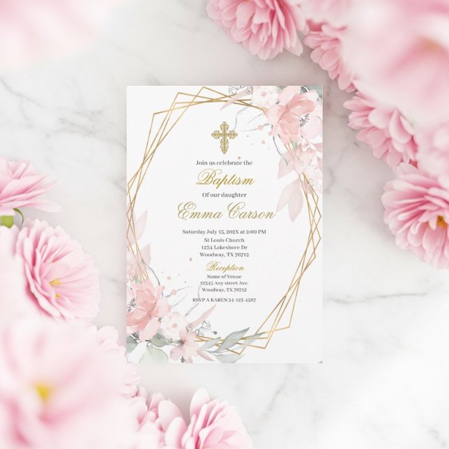 Gold frame pink blush floral baptism invitation (Creator Uploaded)