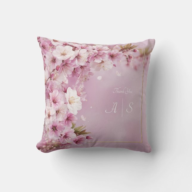 Gold Frame Pink Cherry Blossom Corner Floral Cushion (Front)