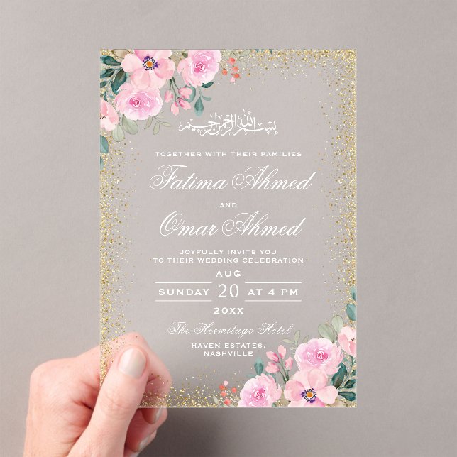 Gold Frame Pink Floral  Islamic Muslim Wedding Acrylic Invitations (Insitu (Handheld))