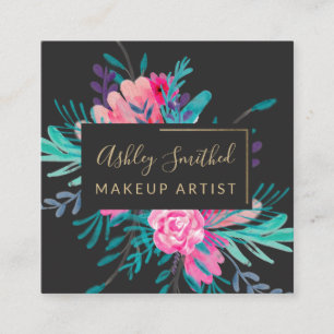 Gold frame Pink floral watercolor makeup square Business Card