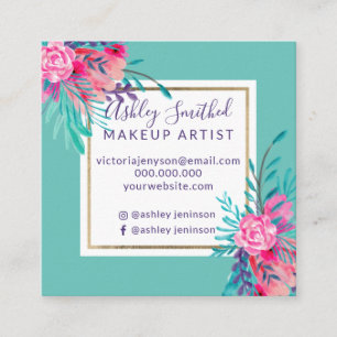 Gold frame pink floral watercolor teal makeup square business card