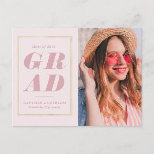 gold frame pink graduation announcement postcard