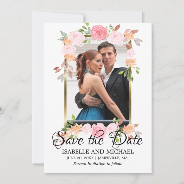 Gold Frame & Pink Roses Save the Date Photo Card (Front)