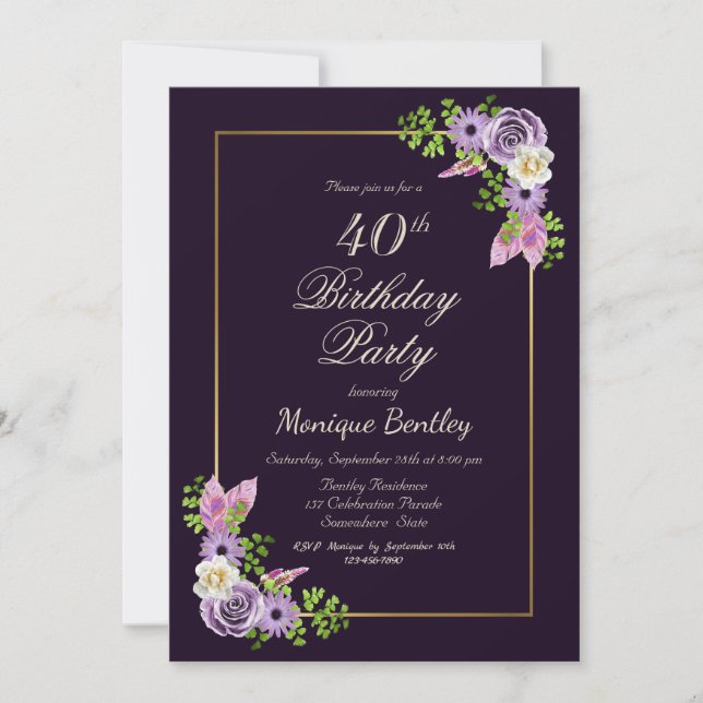 Gold Frame Purple Floral 40th Birthday Party Invitation (Front)