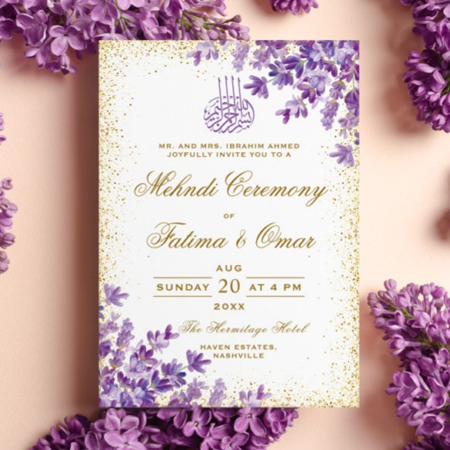 Gold Frame Purple Lavender Islamic Mehndi Ceremony Invitation (Creator Uploaded)