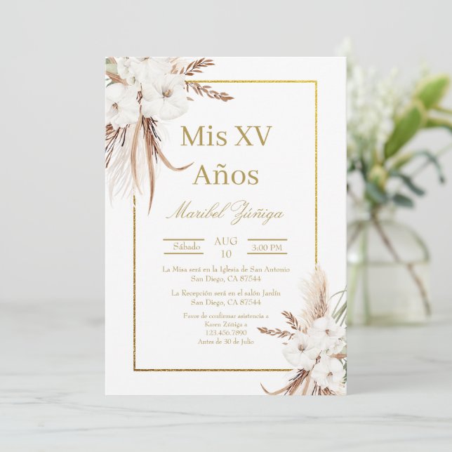 Gold frame Quinceanera invitation (Standing Front)