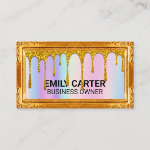 Gold Frame Rainbow Blend Gold Glitter Drip Business Card