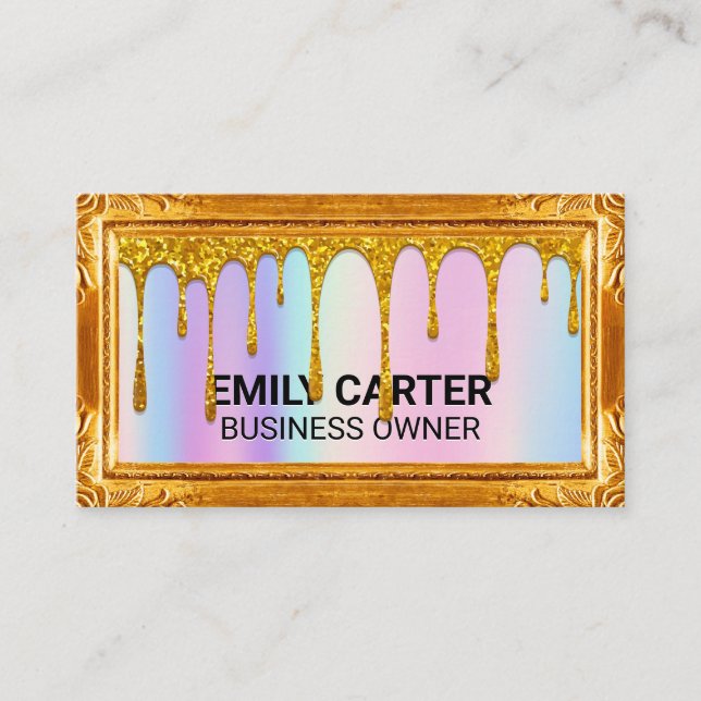 Gold Frame | Rainbow Blend | Gold Glitter Drip Business Card (Front)