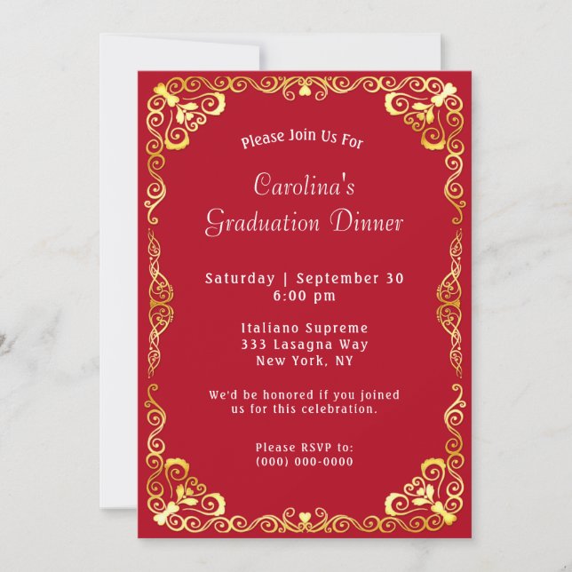 Gold Frame Red Graduation Invitation (Front)