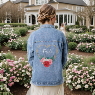 Gold Frame Red Pink White Roses Bride  Denim Jacket