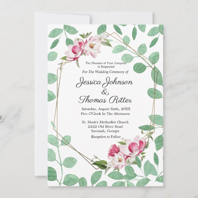 Gold Frame Romantic Eucalyptus Pink Floral Wedding Invitation (Front)