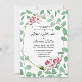 Gold Frame Romantic Eucalyptus Pink Floral Wedding Invitation